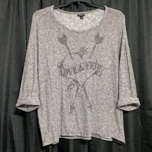 Torrid, size 2, “Love & Fate” gray long sleeve